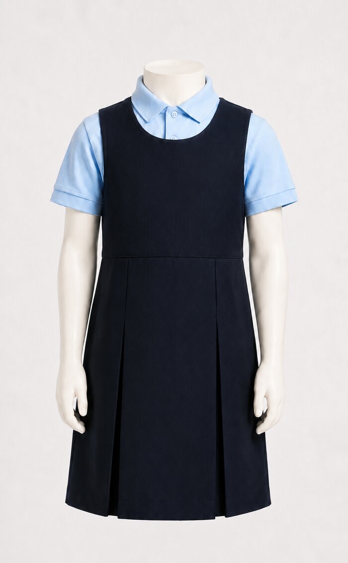 Navy pinafore and light blue polo shirt